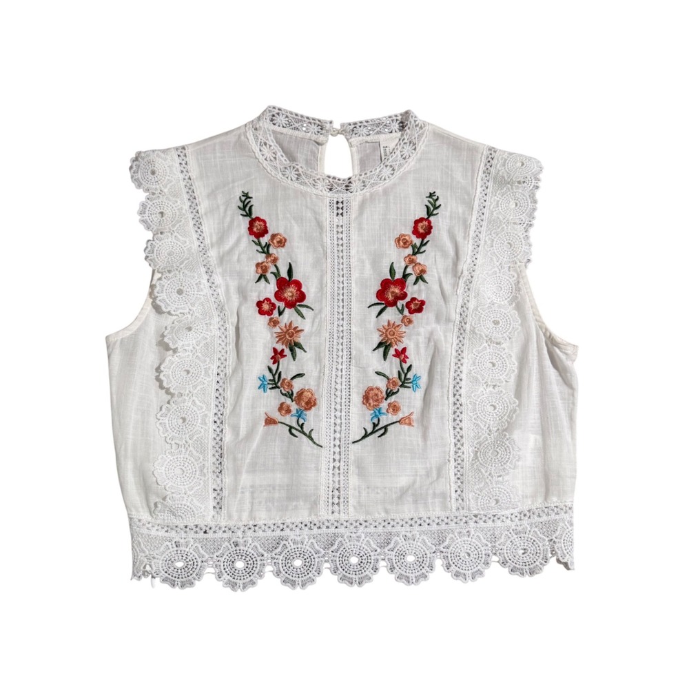 White Boho Peasant Floral Embroidered Lace Trim Cotton Crop Top Sleeveless Large